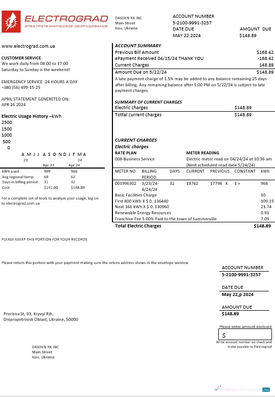 Ukraine Elektrograd electricity business utility bill template in Word and PDF formats